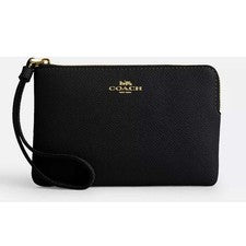 Muñequera Coach para mujer de cuero granulado cruzado con cremallera en la esquina, dorada/negra CV396 NEGRA