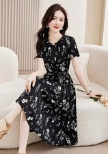 Moda Para Mujer Manga Corta Cinturón Volantes Verano Línea A Cintura Ajustada Vestido Floral