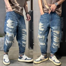 Pantalones rectos sueltos de mezclilla retro para hombre Pantalones de mezclilla desgastados Pantalones informales Moda