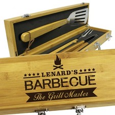 Juego de herramientas para asar barbacoa de bambú grabado personalizado con pinzas, espátula, tenedor