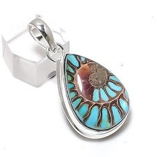 Colgante de joyería de plata de ley 925 con piedras preciosas fósiles de amonita 1,73" I140
