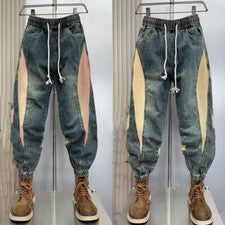 Pantalones de mezclilla ajustados de moda retro con cordón harén informales pantalones de hip hop para hombre