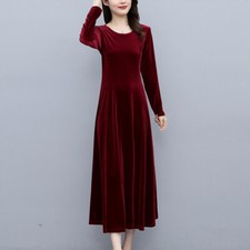 Elegante vestido de terciopelo para mujer con cuello redondo, manga larga, línea A, swing