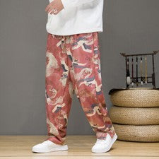 Pantalones informales con estampado estilo chino para hombre con bolsillos cintura elástica