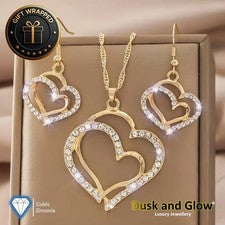 Conjunto de regalo de joyas de oro para mujeres collar pendientes corazón damas niñas regalo Reino Unido NUEVO