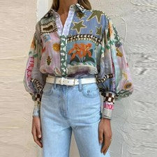 Camisa de manga larga suelta informal de moda con estampado de temperamento para mujer nueva