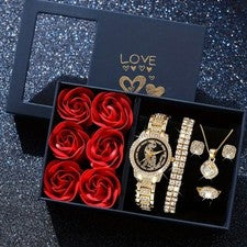 Juego de 6 PIEZAS Reloj Dorado Damas Cuarzo Estrás Pulsera Collar Regalo Día de la Madre