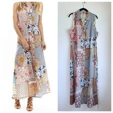 Nuevo con etiquetas Maxi Camisa Vestido Aratta Loretta Diseño Patchwork Sin Mangas Botón Frontal S
