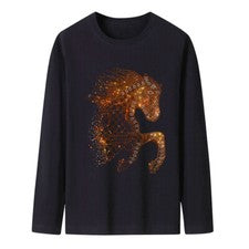 Nueva Camiseta Larga Negra Moda Diamante Caballo Estrás de Lujo para Hombres Alta Calidad