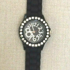 Reloj de diseñador Geneva para mujer de cristal redondo esfera negra correa de silicona negra ¡Nuevo!
