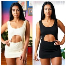 Mini vestido ceñido al cuerpo con corte frontal para mujer negro beige sin mangas fiesta ropa de club nocturno Reino