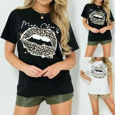 Nueva Camiseta Para Mujer Top Leopardo Estampado Labial Gran Tamaño Manga Corta Ropa Informal Reino Unido