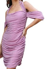 Nuevo con etiquetas Mini Vestido Sugarlips Rosa Metálico Acanalado Halter Hombro Frío Bodycon Pequeño