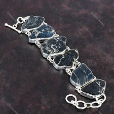 Pulsera Ajustable Cadena Jaspe Sedimento Mar Negro Natural Plata 925