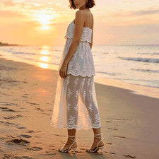 Para Mujer Blanco Sin Mangas Boho Verano Vestido Encaje Solero Playa Conjunto