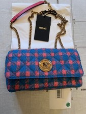 Bolso de Hombro Versace Medusa Para Mujer Rosa y Azul Cuero y Lana Acolchado Italia Nuevo con Etiquetas