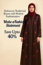 Abaya negra con cuello en V para mujer - bordado con lazo Mehroon, botones remachables, manga larga