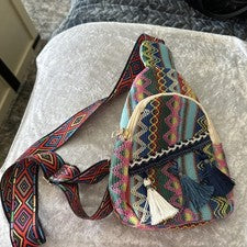 "Bolso eslinga de tapiz bohemio con borlas correa de guitarra ajustable cierre de cremallera 10"""