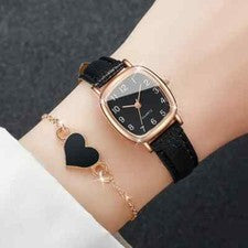 Reloj cuadrado negro para mujer 2 piezas con movimiento de cuarzo analógico pulsera en forma de corazón