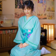 Kimono Japonés Yukata Vestido Mujer Algodón Albornoz Cuello V Verde