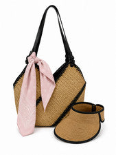 Conjunto de playa de 3 piezas para mujer - Bolso de mano de paja, sombrero parasol y bufanda de moda