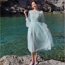 Vestido de red para mujer con puntos transparente largo manga abullonada lindo hada princesa lindo