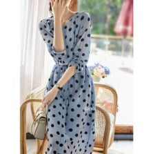 Vestido de moda princesa para mujer cuello en V manga corta lunares pecho único