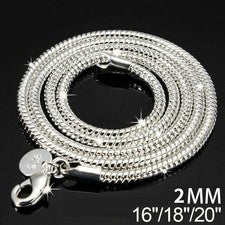Collar de plata 925 de 2 mm cadena serpiente enchapado en bordillo colgante sólido longitud 16" 18" 20"