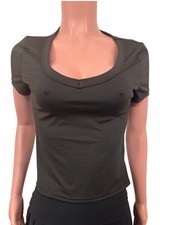 Camiseta Negra Cuello en V Camiseta Semi Recortada Nueva S Informal Chic Todos los Días Manga Corta T