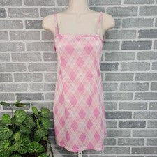 Mini Vestido Para Mujer 5Estilo Rosa Estampado Argyle Correa Espagueti Talla M