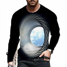 ⭐⭐⭐Camiseta Hombre Vintage 3D Ilusión Óptica Negro Manga Larga Novedad Tee
