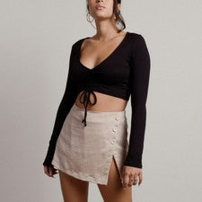 Sexy Top de Verano Para Mujer Moda Tendencia Cuello en V Corto Mangas Largas Color Sólido S-XL