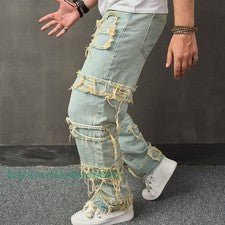Pantalones de mezclilla rectos informales de pierna ancha sueltos de moda de hip hop para hombre