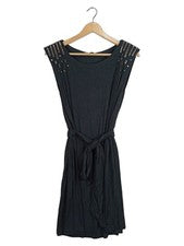 Vestido de cóctel negro pequeño L'Ecole tachuelas sin mangas fiesta midi 38 M