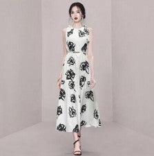 Vestido largo acampanado sin mangas con pajarita floral cuello redondo de moda 2024 para mujer