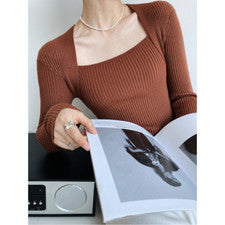 Moda para mujeres Tendencia Manga Larga Cuello Cuadrado Tejido Camisa Parte Inferior Top