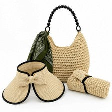 Conjunto de playa de 3 piezas para mujer - Bolso de mano de paja, sombrero parasol y bufanda de moda