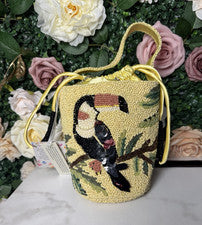 Bolso cubo tucán con cuentas amarillas hecho a mano en la India para mujer nuevo con etiquetas