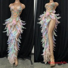 Mujer Moda Brillante Brillante Estampado Pluma Vestido Largo Cruz Baile Discoteca