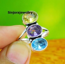 Anillo de piedras preciosas de citrino y topacio de plata de ley 925 hecho a mano EE. UU. talla 5 a 10