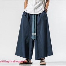 Hombres Pantalones Informales Harén Pantalones Hanfu Pierna Ancha Recto con Cinturón Étnico Moda