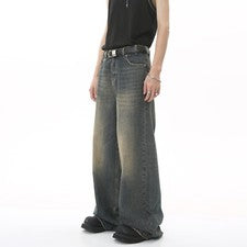 Pantalones de mezclilla informales de camuflaje vintage de pierna ancha sueltos lavados de moda para hombre