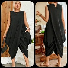 Vestido para mujer negro suelto asimétrico negro sin mangas con bolsillos laterales XL-14