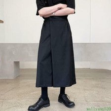Pantalones de falda culottes delanteros envolventes negros para hombre cintura alta pierna ancha pantalones recortados