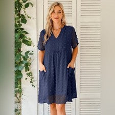 Mini Babydoll MIHOLL Para Mujer Talla M Azul Marino Manga Corta Forrado Vestido Bolsillos Nuevo