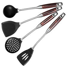 Juego de herramientas wok de silicona con mango de madera y soporte de acero inoxidable 304