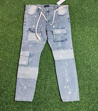 Pantalones de mezclilla THRT 42 azul andrajosos desgastados carga utilitarios descoloridos cónicos