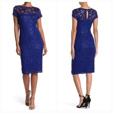 Nuevo Vestido MARINA Para Mujer (S) Azul Cobalto Encaje y Lentejuelas Hasta la Rodilla $129
