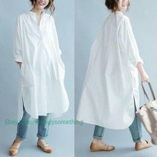 Camisa de vestir blanca de algodón para mujer maxi suelta larga informal con botones moda coreana OL