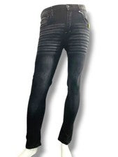 Para hombres Tira Horizontal Calce Ajustado Elastizado Azul Denim Lavado Oscuro Bigote Desvanecimiento Denim